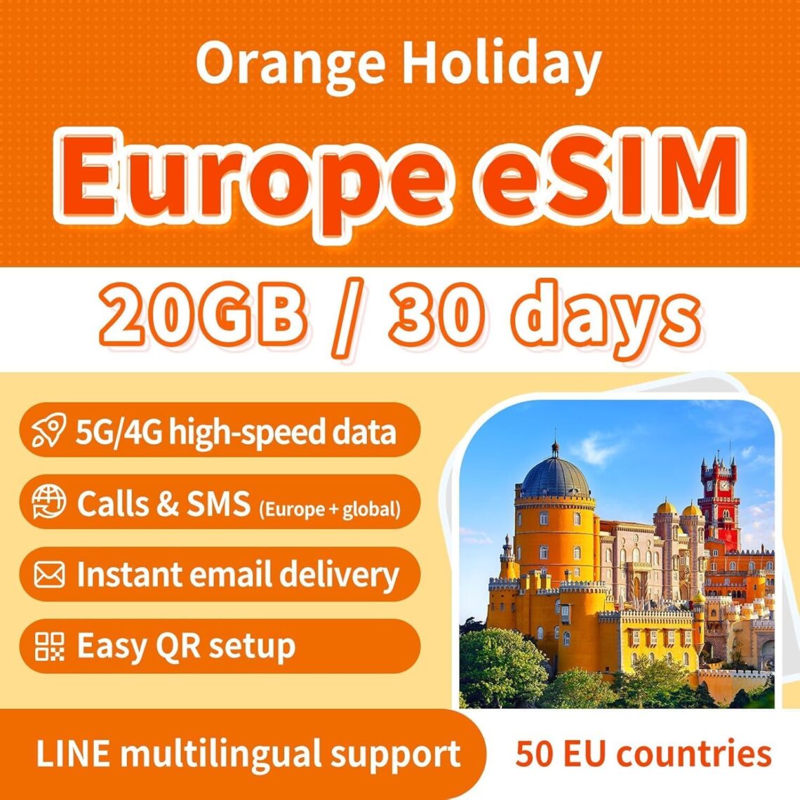 Orange Holiday Europe prepaid eSIM 30 days, buy Europe eSIM online, 20GB high-speed data eSIM Europe, unlimited calls and SMS eSIM Europe, instant email delivery eSIM Europe